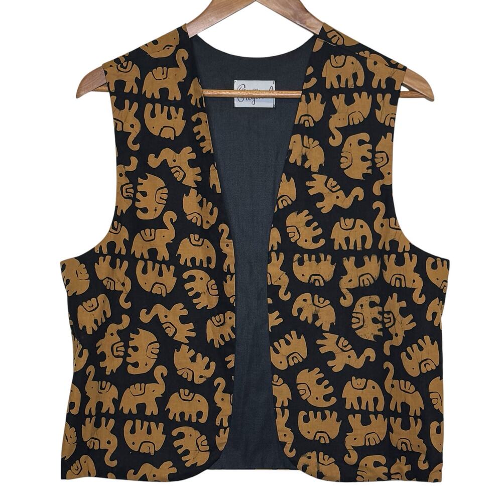 Kristi Klein Original 1980's Block Dyed Elephant Print Boho Open Front Vest
